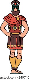 A man in a Roman costume. He is standing in front of a shield