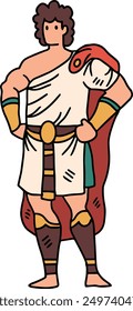 A man in a Roman costume. He is standing in front of a shield