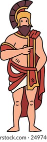 A man in a Roman costume. He is standing in front of a shield