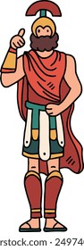 A man in a Roman costume. He is standing in front of a shield