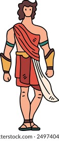 A man in a Roman costume. He is standing in front of a shield