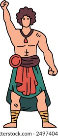 A man in a Roman costume. He is standing in front of a shield