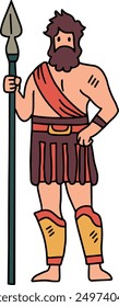 A man in a Roman costume. He is standing in front of a shield