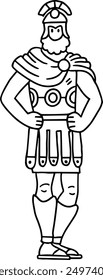 A man in a Roman costume stands with his hands on his hips. He is wearing a helmet and a cape
