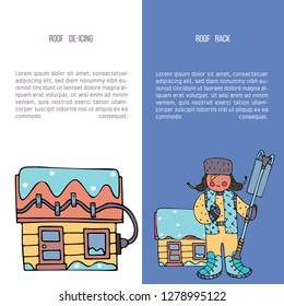 A man with a roof rack vs electrical roof de-icing. Fine for ice and snow removal services promotion, articles abot de-icing equipment and snow clearing work.