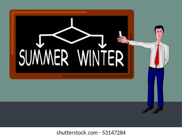 man in a room with blackboard with summer-winter concept