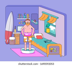 The man in the room imagines that he is resting on the sea. Front view. Color vector cartoon flat linear illustration. Concept for coronavirus epidemic quarantine stay home