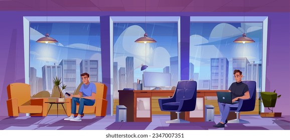 Man in room with window workplace vector interior background. Cityscape and rain weather view from corporate workspace business illustration. Cabinet with desktop, chair, plant and male character