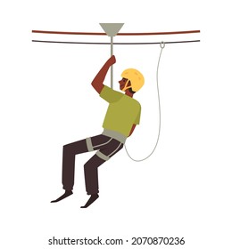 Man in rope adventure park moves along cord using a safety harness, flat vector illustration isolated on white background. Climbing extreme entertainment.