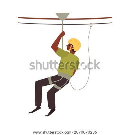Man in rope adventure park moves along cord using a safety harness, flat vector illustration isolated on white background. Climbing extreme entertainment.