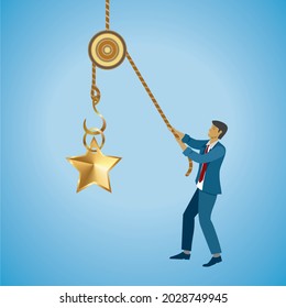 Hombre con cuerda y estrella dorada. Ilustración vectorial. Composición cuadrada.