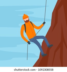 Man with rope hiking the mountain background. Flat illustration of man with rope hiking the mountain vector background for web design