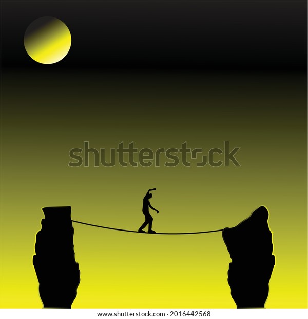 Man rope passing over a rope suspended
between mountains. 
illustration.