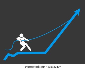 Man with a rope pulling arrow graph chart up. Profit and succes concept. Vector Illustration.