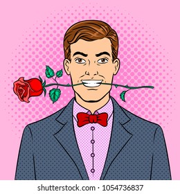 Man with rose flower in teeth pop art retro vector illustration. Color background. Comic book style imitation.