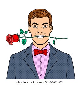 Man with rose flower in teeth pop art retro vector illustration. Isolated image on white background. Comic book style imitation.