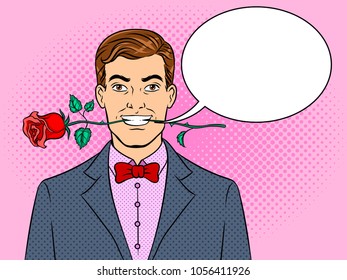 Man with rose flower in teeth pop art retro vector illustration. Text bubble. Color background. Comic book style imitation.