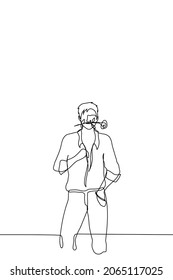 un hombre con una rosa en los dientes está parado desabotonando su camisa - un dibujo de una línea. concepto de seductor, amante, héroe de novelas eróticas de amor, stripper 