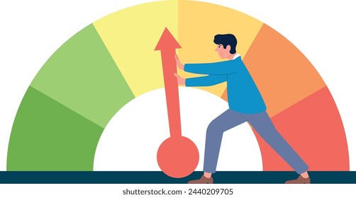 Man rotating arrow on credit or mortgage score gauge