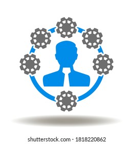 Man With Rotation Cogwheels Icon Vector. Responsibility Business Logo. Roles And Responsibilities Illustration.