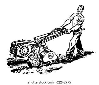 Man With Roto Tiller - Retro Clipart Illustration