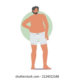 Man with Round Body Shape Stand with Arm Akimbo, Male Character Apple Figure Type with Big Belly and Buttocks Posing in Panties Isolated on White Background. Cartoon People Vector Illustration