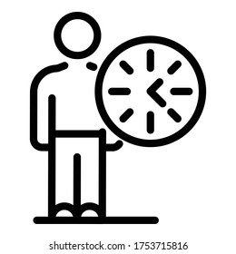 Man and round clock icon. Outline man and round clock vector icon for web design isolated on white background