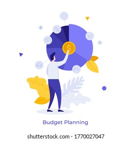 Man And Round Pie Chart With Dollar Coin And Indication Of Expenses Or Spendings. Concept Of Service Or Application For Personal Budget Planning, Financial Planner. Modern Flat Vector Illustration.