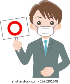 A man with a round sign tag