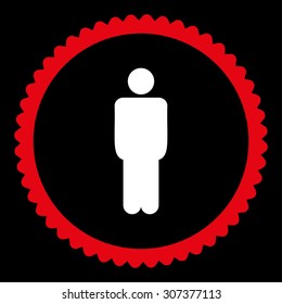Man round stamp icon. This flat vector symbol is drawn with red and white colors on a black background.