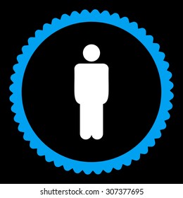 Man round stamp icon. This flat vector symbol is drawn with blue and white colors on a black background.