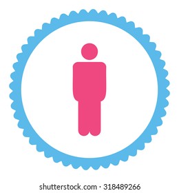 Man round stamp icon. This flat vector symbol is drawn with pink and blue colors on a white background.
