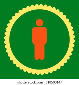 Man round stamp icon. This flat vector symbol is drawn with orange and yellow colors on a green background.