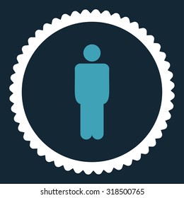 Man round stamp icon. This flat vector symbol is drawn with blue and white colors on a dark blue background.