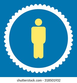 Man round stamp icon. This flat vector symbol is drawn with yellow and white colors on a blue background.