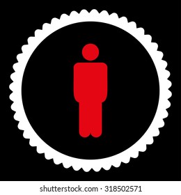 Man round stamp icon. This flat vector symbol is drawn with red and white colors on a black background.