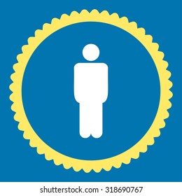 Man round stamp icon. This flat vector symbol is drawn with yellow and white colors on a blue background.