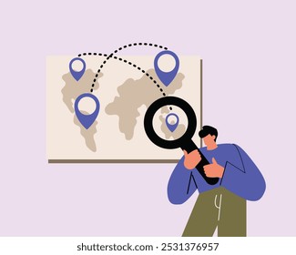 Hombre con ruta en el mapa. Ilustración vectorial plana de dibujos animados