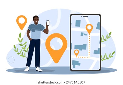 Man with route at map. Young guy with application for tourists. Navigation and geolocation, GPS. Tourist with global positioning system. Holiday and vacation. Cartoon flat vector illustration