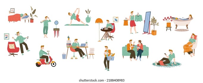 Man routine, daily life, schedule habits set. Male character sleep, brushing teeth, exercising, eat breakfast, dress up, go at job, work in office, shopping, relax, Line art flat vector illustration