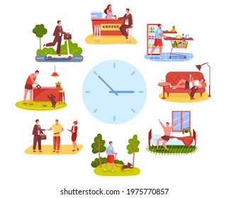 Man routine. Shopping groceries, working at office, going on walk with dog. Active young guy everyday life schedule vector illustration. Morning, afternoon, evening male activities