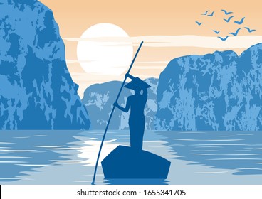 barco de fila del hombre para volver a casa pasando por Ha long bay famoso monumento de Vietnam, color vintage, ilustración vectorial