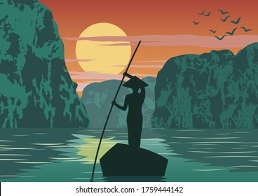 man row boat to go to come back home by pass Ha long bay famous landmark of Vietnam ,vintage color,vector illustration