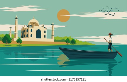 man row boat near by Taj mahal,symbol of love and famous landmark of the world,vintage color,vector illustration