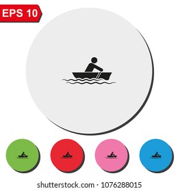 Man row a canoe boat flat round colorful vector icon.