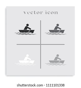 Man row a canoe boat flat black and white vector icon.