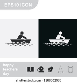 Man row a canoe boat flat black and white vector icon.