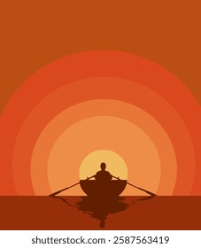 A man in a rowboat paddles toward a setting sun that is seen in a graphic design.