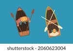 Man Rowing Boat with Paddle or Oar Drifting on Blue Surface of Water Above View Vector Set