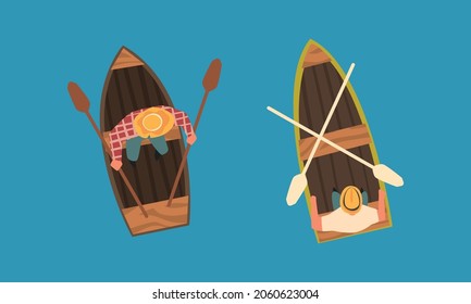 Man Rowing Boat With Paddle Or Oar Drifting On Blue Surface Of Water Above View Vector Set